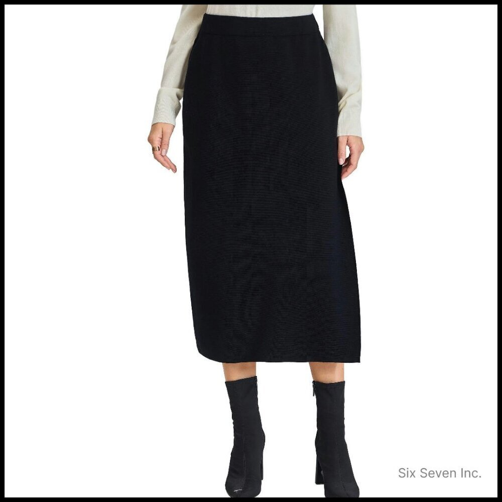 Merino Wool Knit Midi Skirt High Waist Elegant Winter Warm Slit